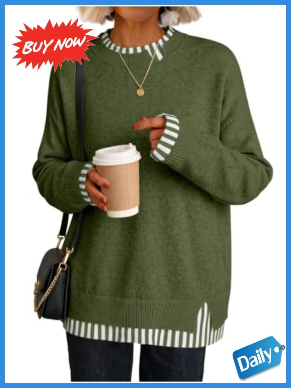 Oversized Crewneck Patchwork Sweater Pullover Drop Shoulder